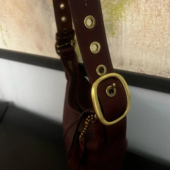 COACH REHAB Bleecker Burgundy Tattersall Leather Crossbody Bag - Picture 7 of 12